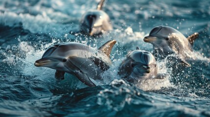 Obraz premium Dolphins jumping in ocean waters. Aquatic Sealife. Ocean. Endangered. Intelligent species. 