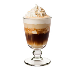 Irresistible Irish coffee in a clear glass mug, topped with a generous swirl of whipped cream, Concept of indulgence, warmth, and Irish traditions