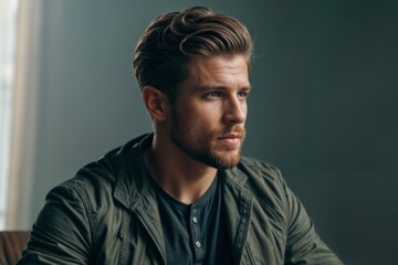 A man with a beard and a gray jacket. Sitting in a dark room.