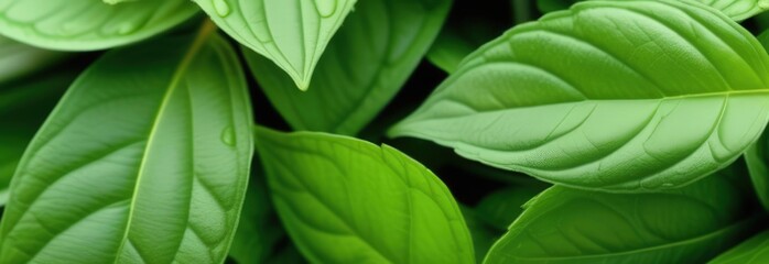 Close up of bunch of green leaves. Leaves are fresh and vibrant, and they are arranged in way that makes them look like they are growing together.Concept of growth and vitality background. Copy space.