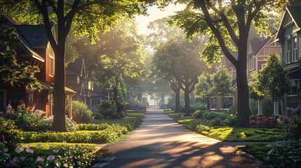 A suburban street in the soft light of early morning, capturing the craftsman homes with their...