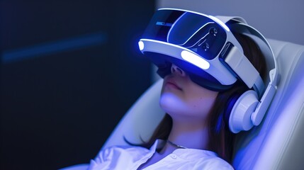 Patient wearing virtual reality glasses during the treatment of phobia, generative ai - obrazy, fototapety, plakaty