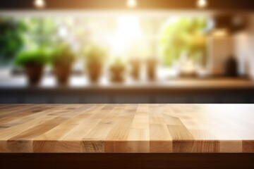 An empty wooden table overlooking a light brighten blurred defocused kitchen for representive your product with copyspace - obrazy, fototapety, plakaty