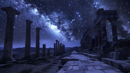 Ancient ruins under starlit skies blending history with the cosmos a bridge across time - obrazy, fototapety, plakaty
