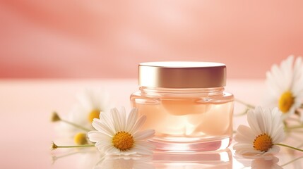 Glass jar for cream or tonic with chamomile.
