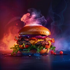 fast food delicious burger social media post background for restaurant with colorful smoke