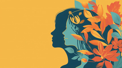 Parental Mental Health Awareness Week banner design with man and woman head profile silhouette, flowers and empty copy space for text