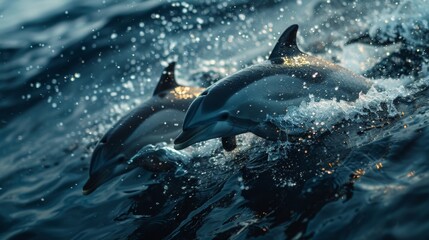 Obraz premium Dolphins jumping in ocean waters. Aquatic Sealife. Ocean. Endangered. Intelligent species. 