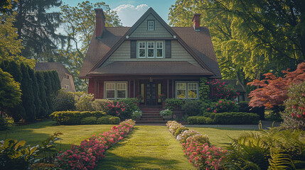 A summer day in the suburbs, highlighting the simplicity of a craftsman home surrounded by blossoming flowers and a neatly manicured lawn. - obrazy, fototapety, plakaty