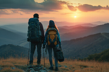 Close up back view of a calm young woman and man with a travel backpack standing on rock looking at mountains. Travelling concept. - obrazy, fototapety, plakaty