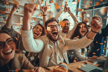 Excited group of people celebrating with confetti at conference table under falling confetti