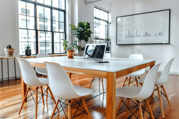 Scandinavian style meeting space with sleek white chairs and wooden table in a bright office with large windows. A meeting room for solving business problems. Open space - obrazy, fototapety, plakaty