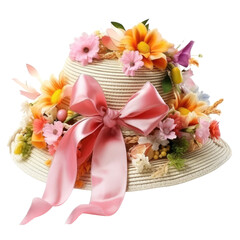 Straw Hat with Colorful Flowers and Pink Ribbon PNG, Transparent Image without background, Concept of spring fashion and sunny day accessories