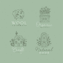 Hand drawn sheep, store, house, door labels drawing in floral style on green background