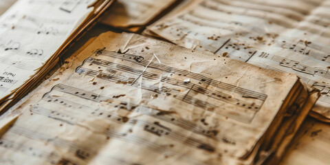 Ancient sheet music resting on top of a stack of vintage music sheets, concept of nostalgia and...
