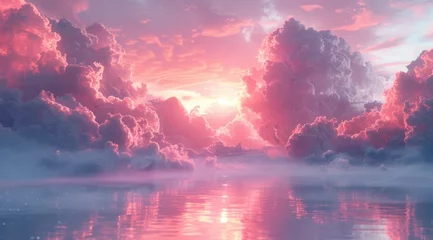 Deurstickers Pink sunset with large clouds on the background of the sea, natural landscape, ai generation © Ana Borges