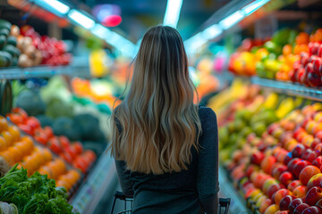 Back view of a blonde woman walking along shelves of fresh fruits and vegetables in a grocery...