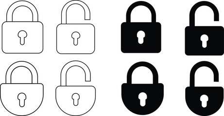 Black isolated icon of locked and unlocked lock on white background. Set of Silhouette of locked and unlocked padlock. Flat design.