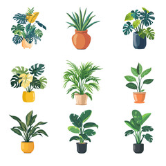 Set of tropical plants vector icon illustration. Monstera Houseplant, Urban jungle, House plants, fashionable home decor with potted plants for the interior