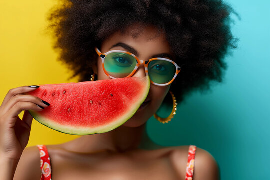 Portrait Of Black Woman With Afro Hair, Sunglasses Holding Watermelon. Photo Dark Skin Woman Hold Melon Look Empty Space Isolated On Blue Color Background. Fashion Summer Concept.