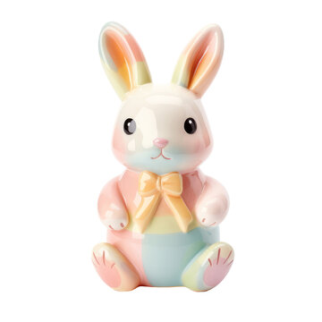 Pastel-Colored Ceramic Bunny Figurine PNG, Transparent Image without background, Concept of Easter Celebration and Spring Season
