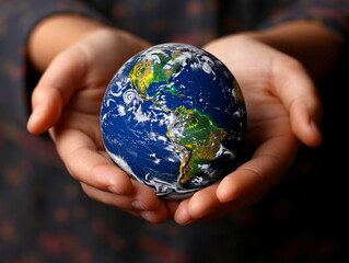Fototapeta premium Hands holding earth in caring manner. Earth Day, environmental, protection, eco concept.