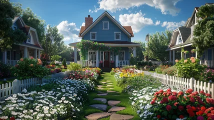 Foto op Canvas Rows of neatly manicured lawns, each featuring a unique craftsman house with white picket fences and blooming flower beds. © Adnan Bukhari