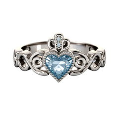 Silver Claddagh Ring with Heart-Shaped Blue Gemstone PNG, Transparent Image without background, Concept of love, loyalty and friendship in jewelry design