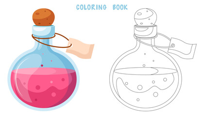 Coloring book of illustration of flasks with potion. Game potion. Coloring page of magic phials, magic bottles for witchcraft, elixir, love potion poison and antidote.