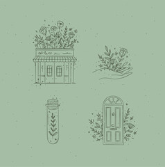 Hand drawn store, hand, test tube, door icons drawing in floral style on green background - 750057651