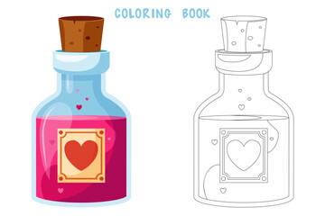 Coloring book of illustration of flasks with potion. Game potion. Coloring page of magic phials, magic bottles for witchcraft, elixir, love potion poison and antidote.