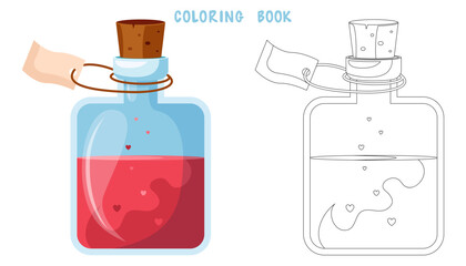Coloring book of illustration of flasks with potion. Game potion. Coloring page of magic phials, magic bottles for witchcraft, elixir, love potion poison and antidote.
