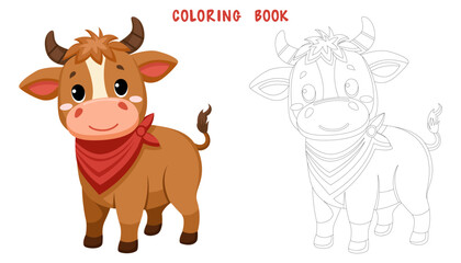 Coloring page of cute funny bull, happy little calf. Coloring book of cute farm animal isolated on white background. Flat vector illustration.