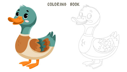 Coloring page of cute funny duck, happy little duckling. Coloring book of cute farm animal isolated on white background. Flat vector illustration.