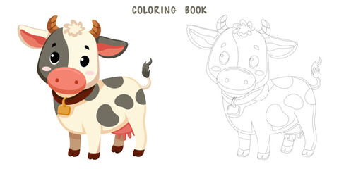 Coloring page of cute funny cow, happy little calf. Coloring book of cute farm animal isolated on white background. Flat vector illustration.