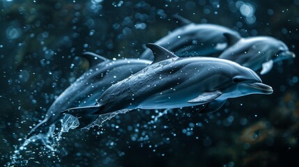 Dolphins swimming in clear blue ocean waters. Aquatic Sealife. Ocean. Endangered. Intelligent species. 