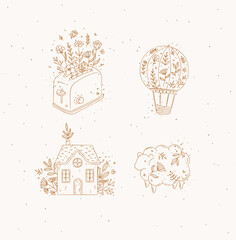 Hand drawn hot air balloon, toaster, village house, sheep icons drawing in floral style on beige background