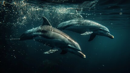 Fototapeta premium Dolphins swimming in clear blue ocean waters. Aquatic Sealife. Ocean. Endangered. Intelligent species. 