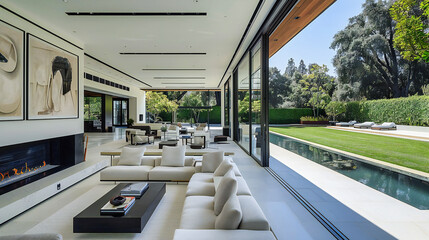 Fototapeta premium Serene Modern Home: Luxurious Villa with Pool and Lush Garden, Embodying Contemporary Design and Outdoor Living