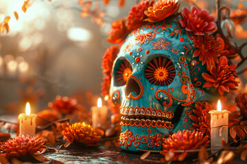 Mexican Day of the Dead 3d background illustration - obrazy, fototapety, plakaty