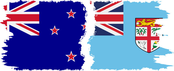 Fiji and New Zealand grunge flags connection vector