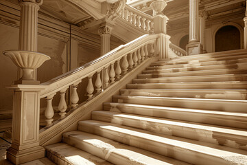 The image is a sepia-toned depiction of a grand and elegantly detailed staircase within a luxurious building, highlighting the classical architecture with its ornate balusters, columns, and play of li - obrazy, fototapety, plakaty