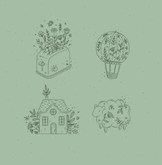Hand drawn hot air balloon, toaster, village house, sheep icons drawing in floral style on green background