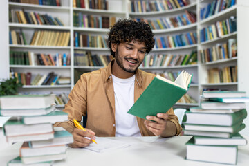 A cheerful graduate student with curly hair is immersed in exam preparation, surrounded by stacks...