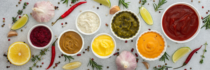 Different types of sauces in bowls with seasonings banner, rosemary and pepper, thyme and garlic, lime and lemon, cilantro, top view, copy space