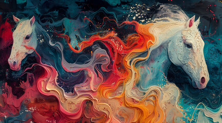 Surreal Horses Emerging from Abstract Waves of Fire and Ice