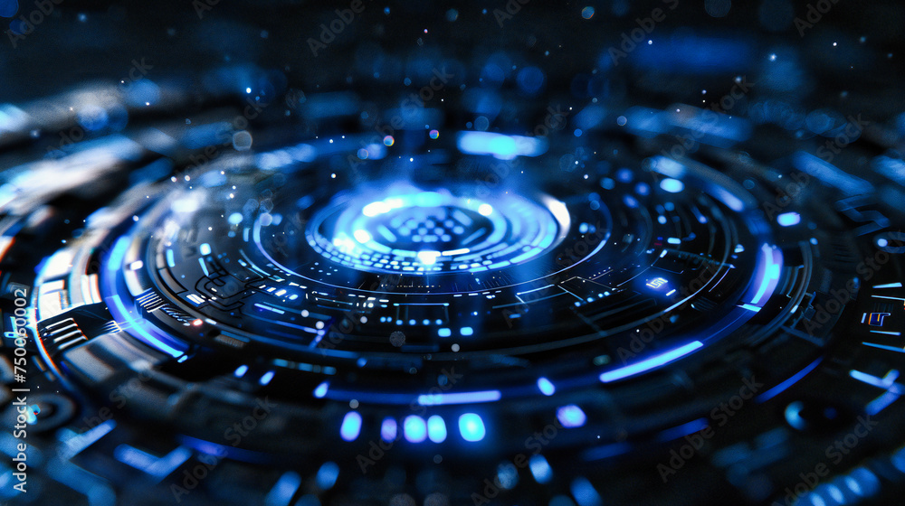 Poster science and technology abstraction featuring a futuristic blue energy design, with circular patterns