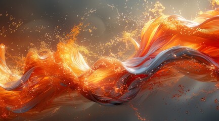 Dynamic Fluid Art with Swirling Orange and Silver Streaks - obrazy, fototapety, plakaty
