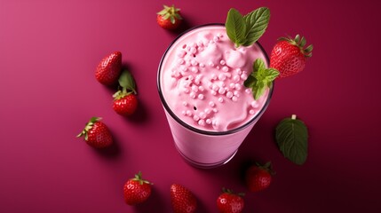 A pink beverage in a glass, surrounded by fresh strawberries and a mint leaf.