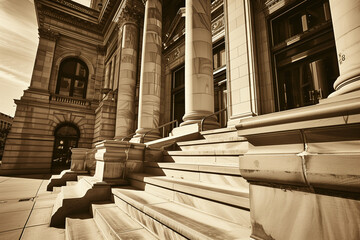 This sepia photograph depicts the stately entrance of a neoclassical building, accentuated by its...
